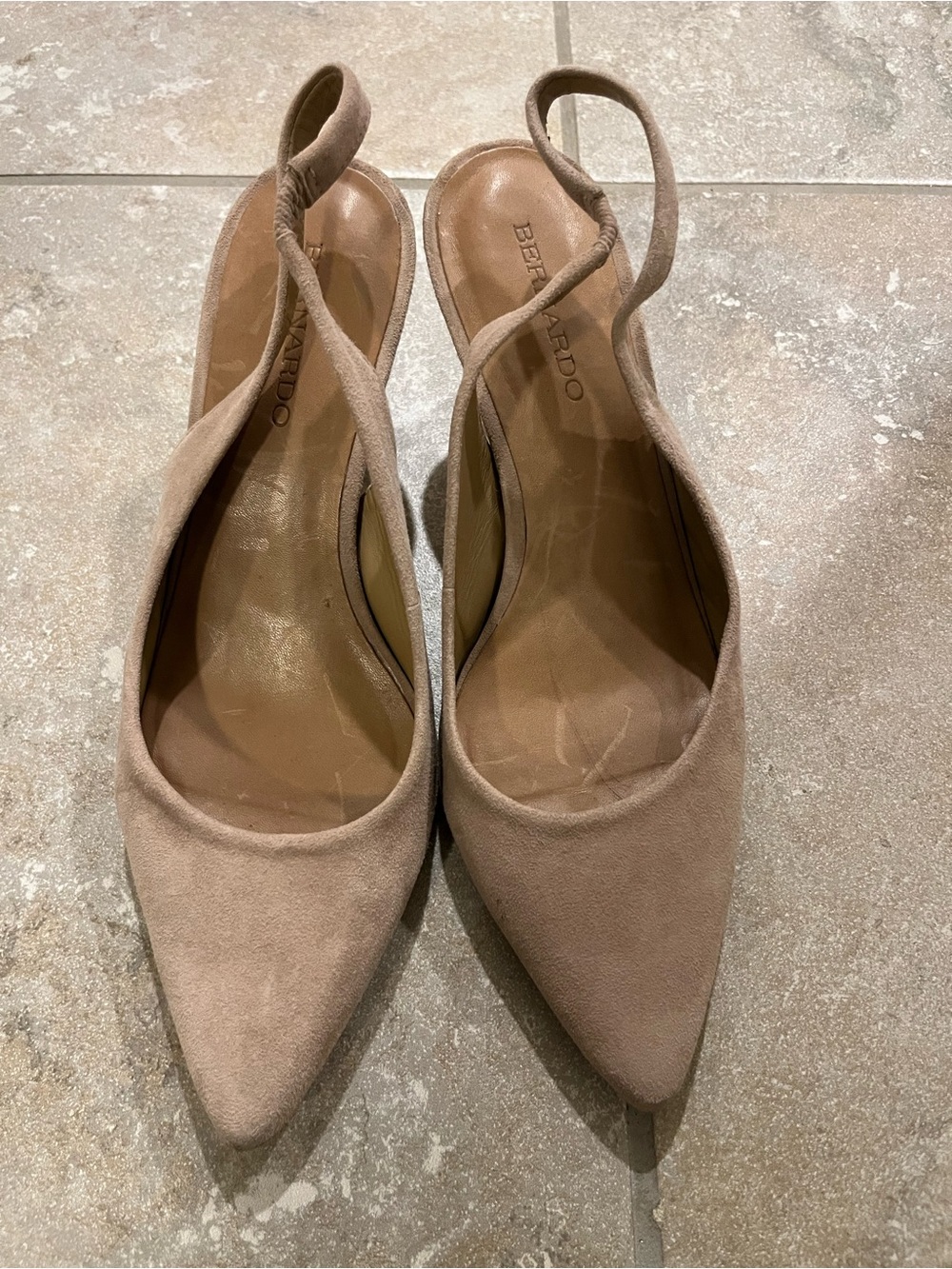 Bernardo Taupe Suede Pointed Slingback Heels
